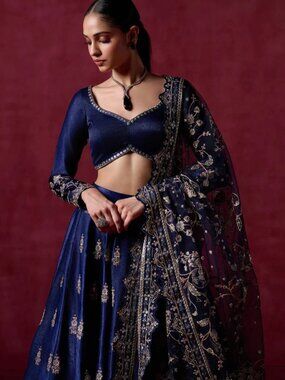 Navy Blue Embroidered Satin Lehenga – Custom 6P Size
